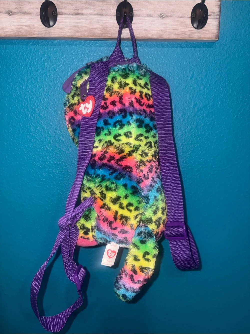 Ty Rainbow Leopard Plush Backpack with Purple Straps
